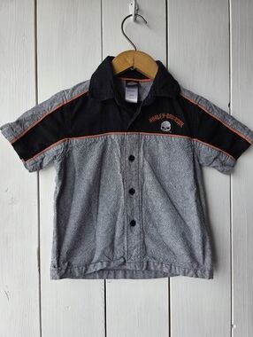 Harley Davidson Motorcycle Kids Button Down Shirt Black Grey Size 4